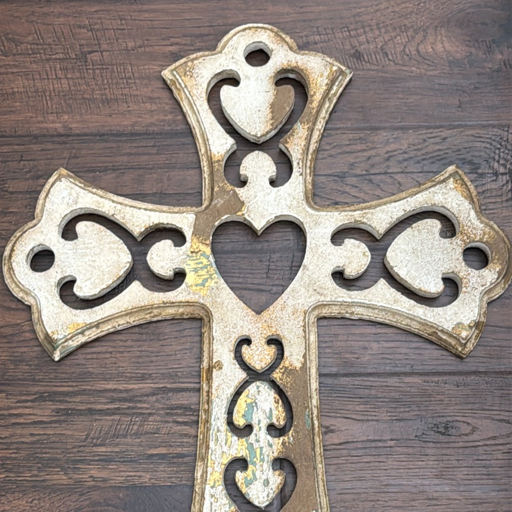 Rustic Wooden Cross with hints of cream, brown, gold and turquoise - Picture 2 of 8